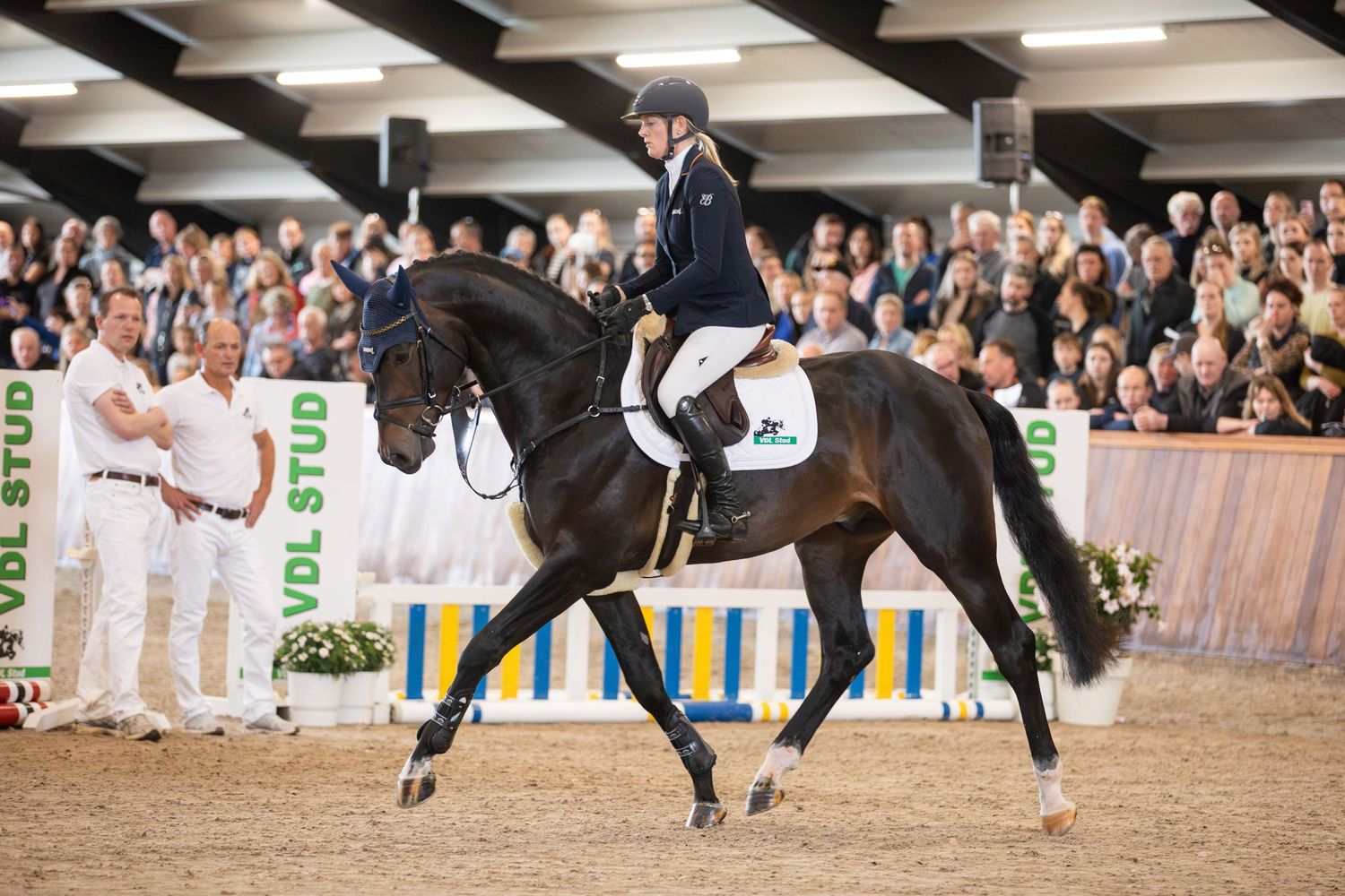 Equestrian performers demonstrate dressage movements in an indoor arena during a competition event.