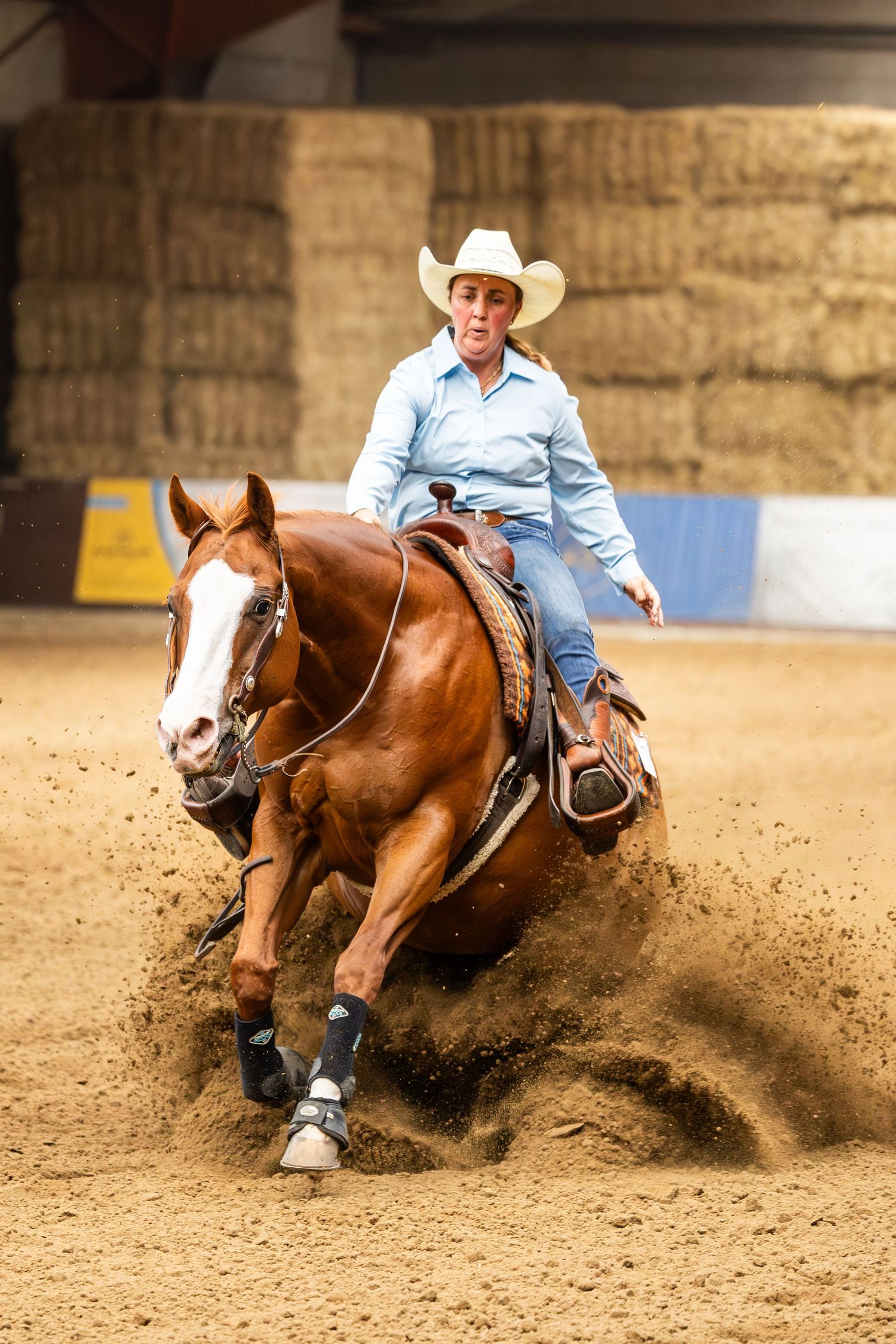 Dynamic sequence of reining horse performing sliding stop maneuver in sandy arena.