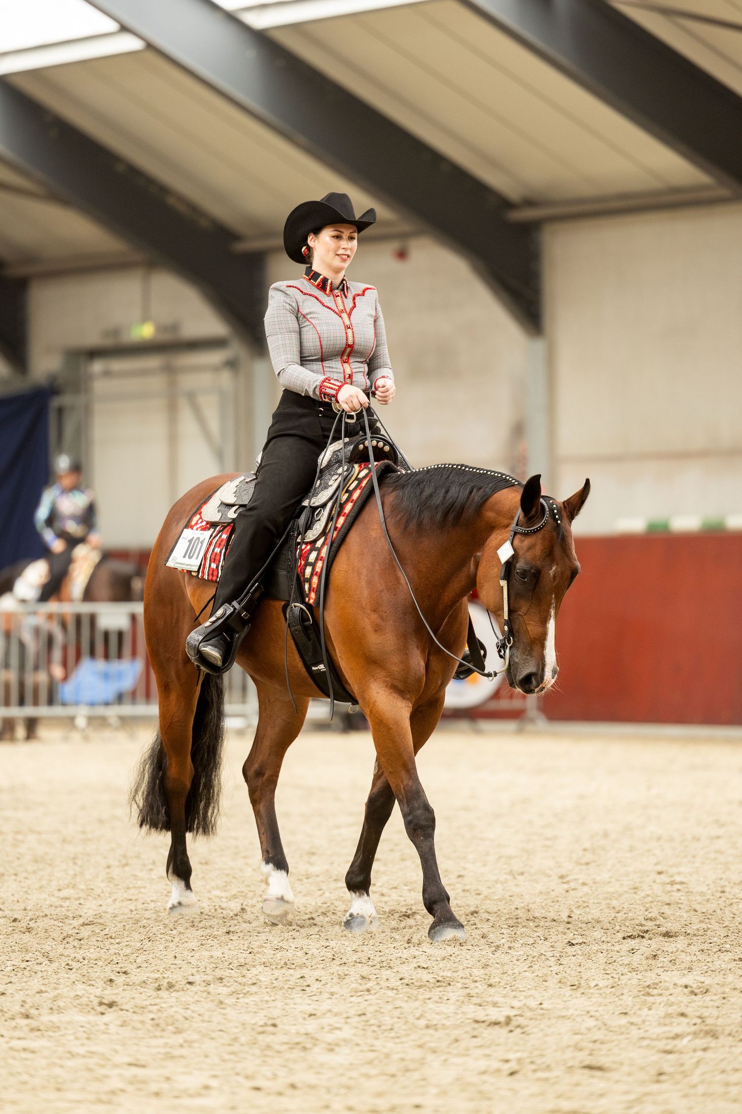 Indoor arena scene showing horses and riders during western riding competition.