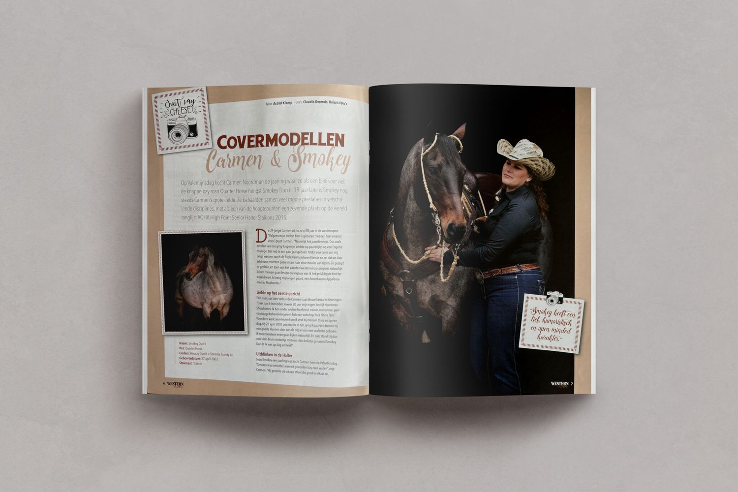 Open magazine spread showing equestrian photography and editorial layout design.