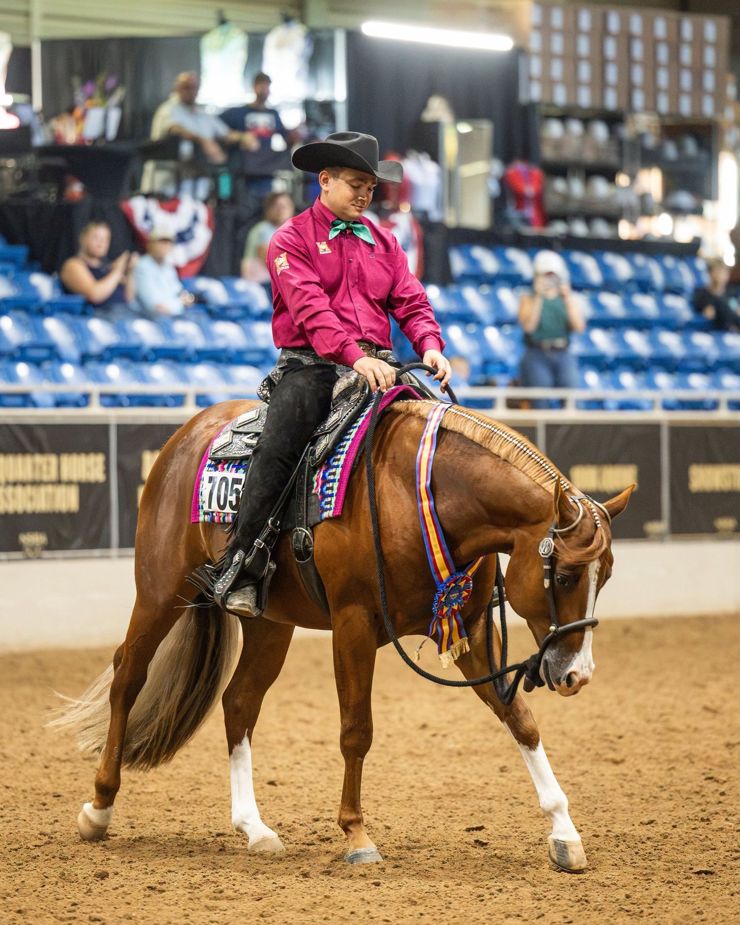 Rider in pink shirt on chestnut horse competing in an indoor Western equestrian show event.
