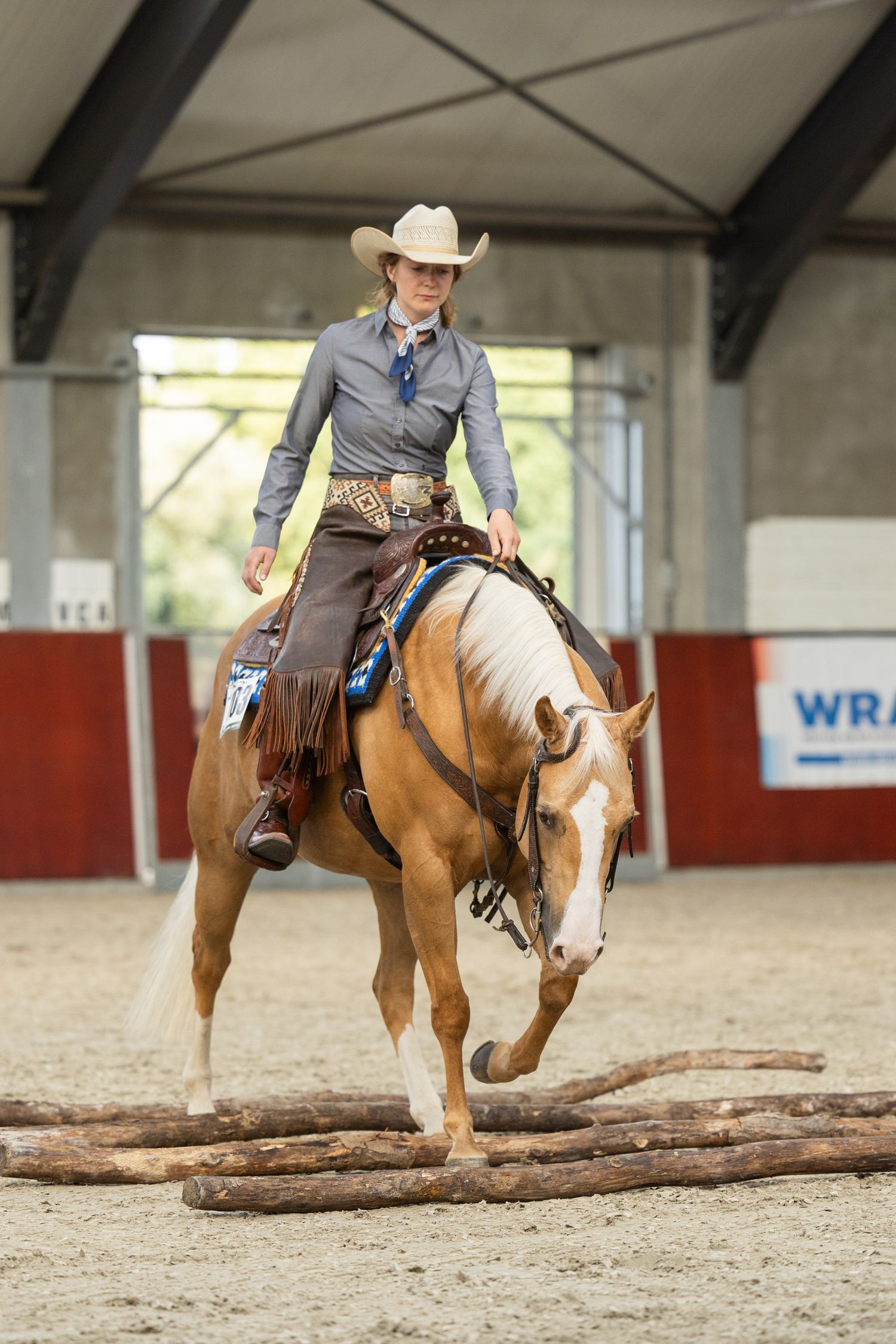 A horse and rider navigate over wooden logs in an indoor riding arena.