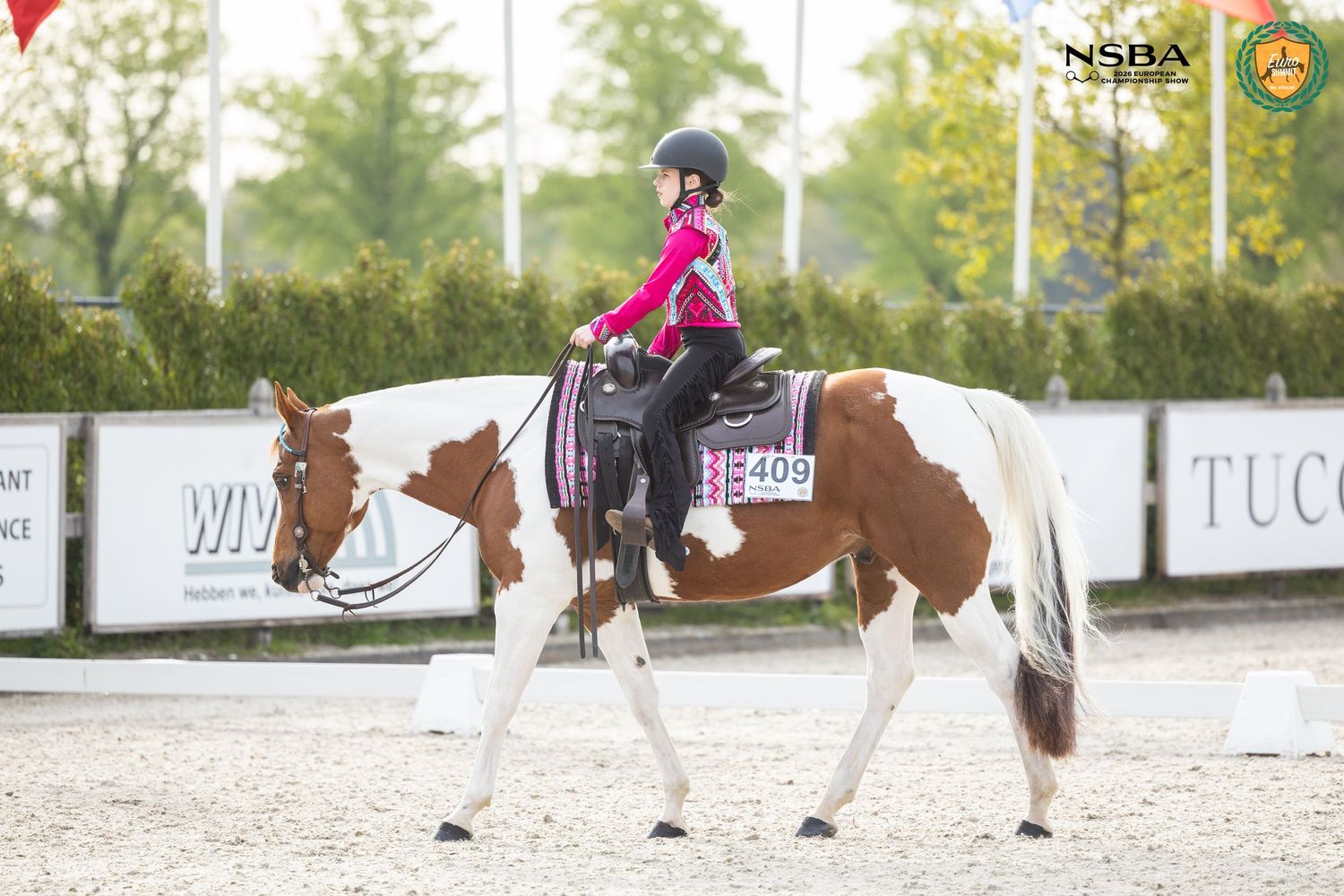 Young girl in pink riding helmet competing on a brown and white paint horse at an NSBA equestrian show.