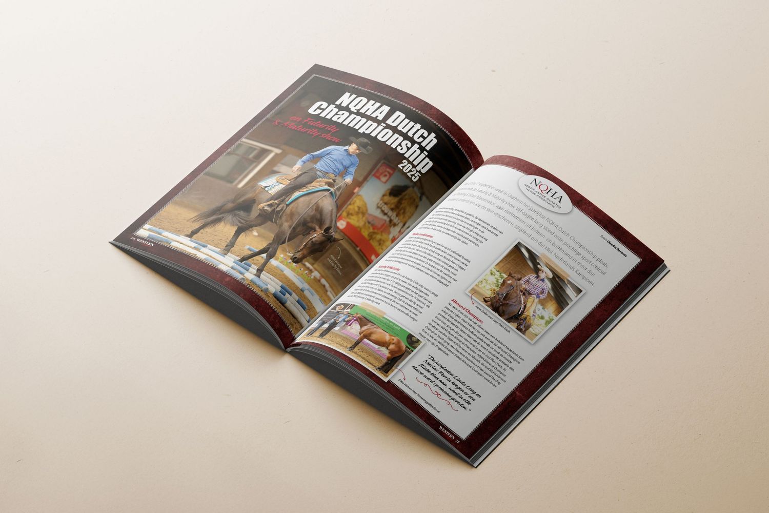 Magazine spreads displayed on white surface showing editorial design and photography.