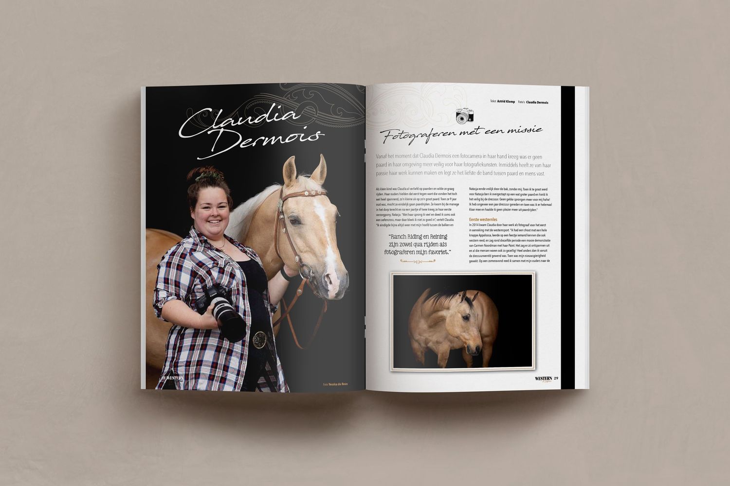 Open magazine spread featuring equestrian photography and elegant black and white design elements.