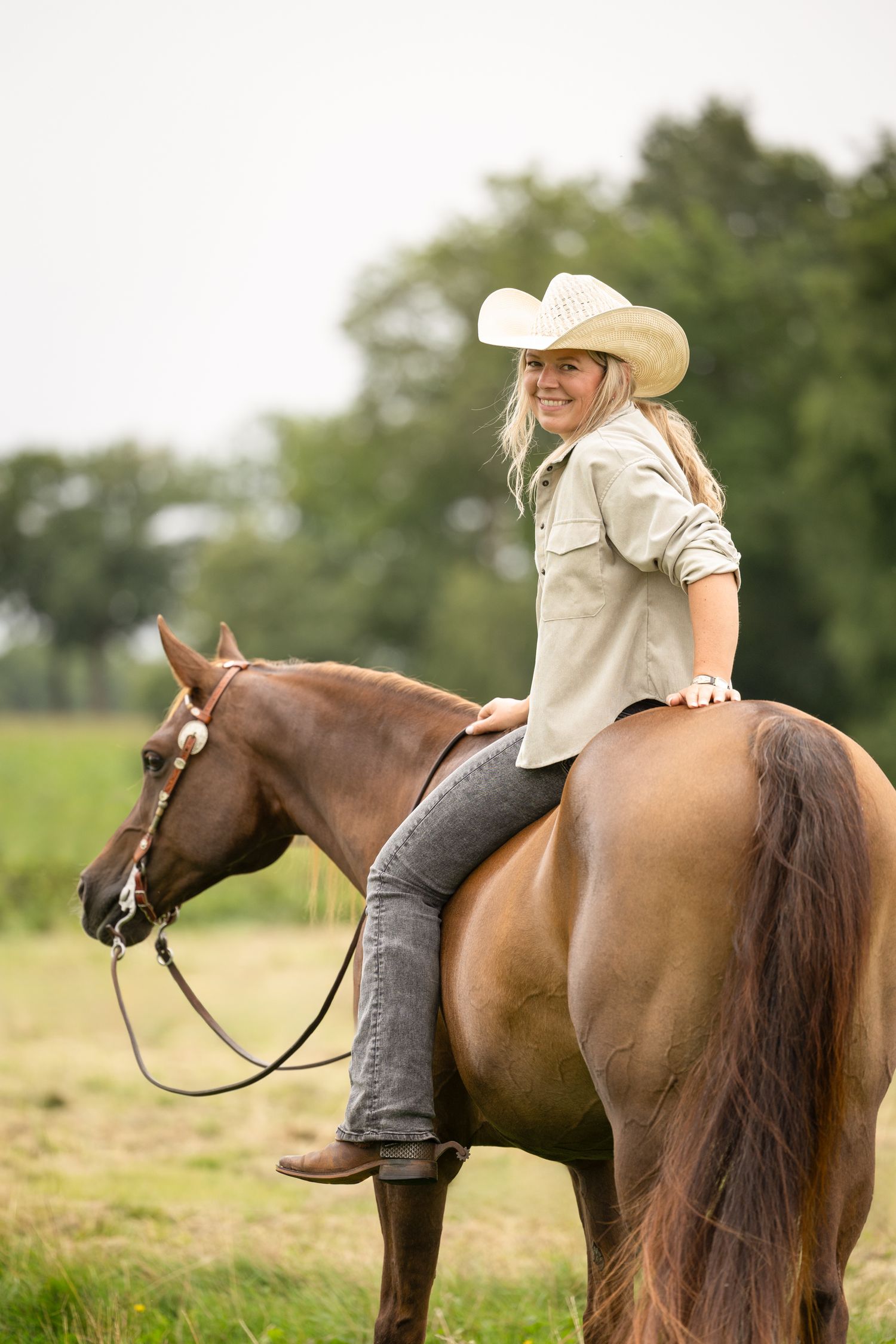 Rider on brown horse photographed from behind in sunny pasture setting.