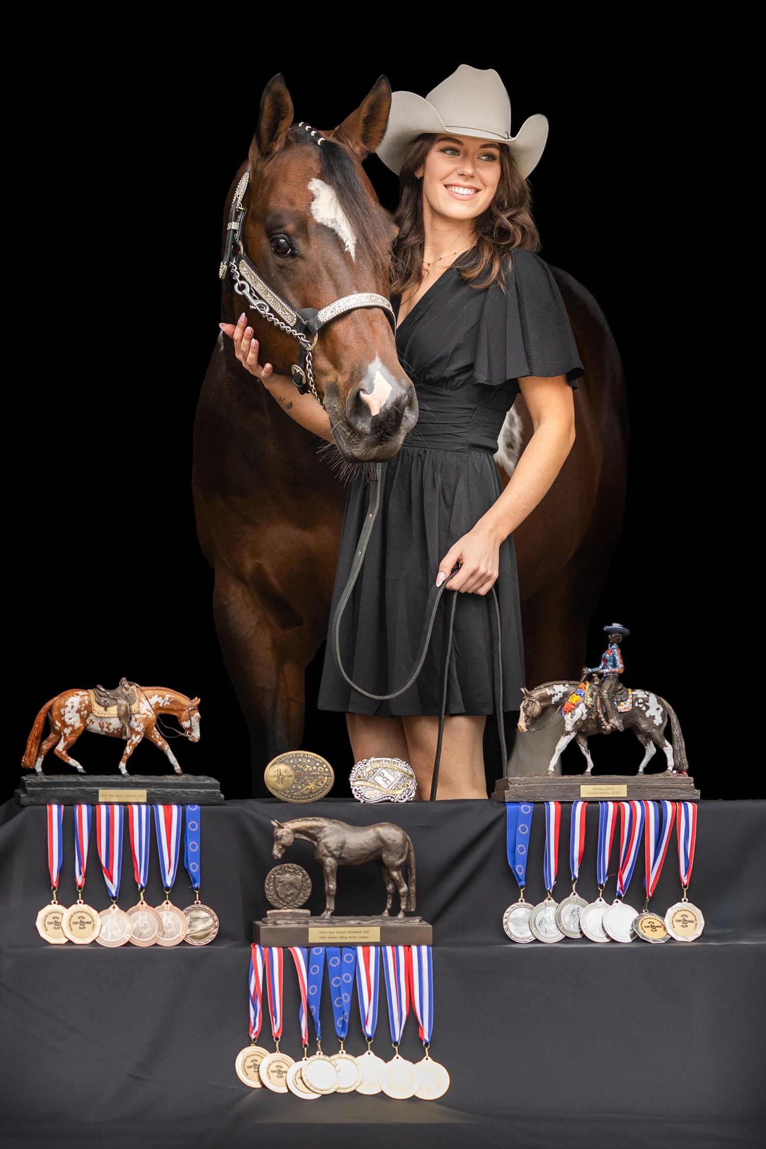 Display of equestrian medals and trophies with horse and rider in background.