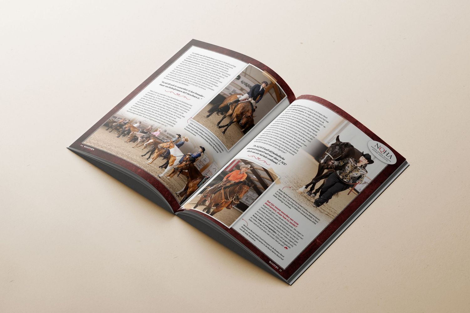 Open magazine pages showing equestrian content spread across a white surface.