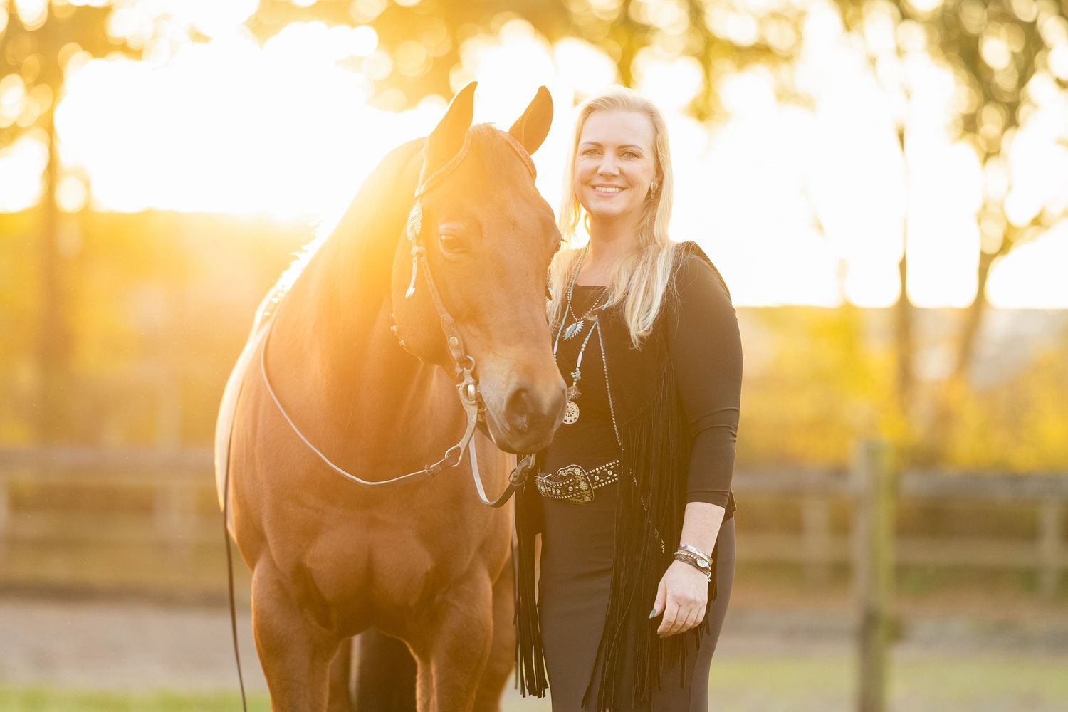 Brown horse and person in black dress photographed against glowing sunset in grassy field.