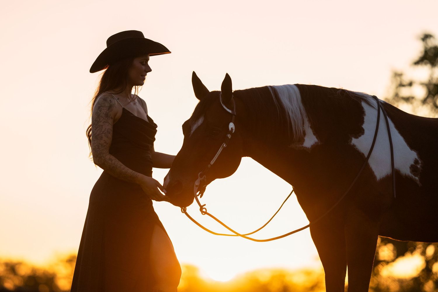 Silhouette of a woman in cowboy hat bonding with a paint horse at golden sunset.