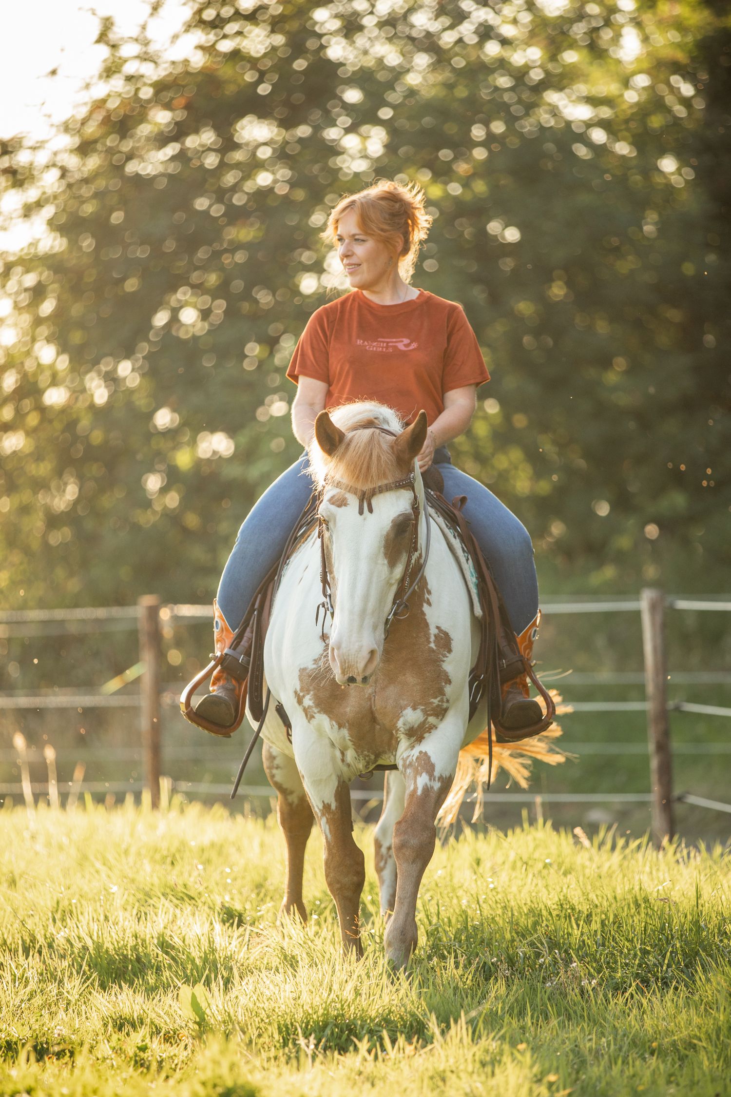 Paint horse grazing in sunlit pasture with rider during golden hour.