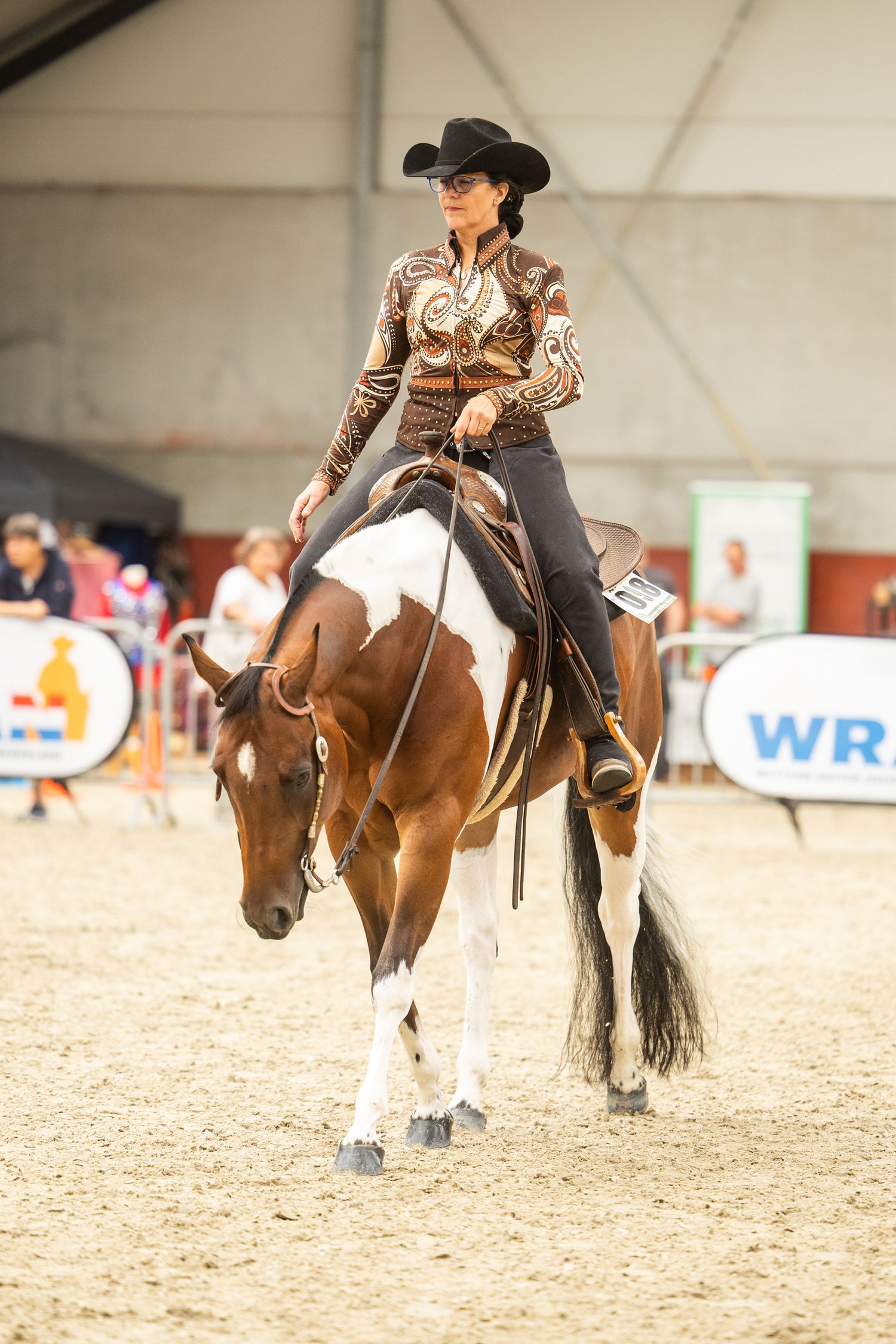 A western riding competition showing multiple horses and riders performing in sequence.