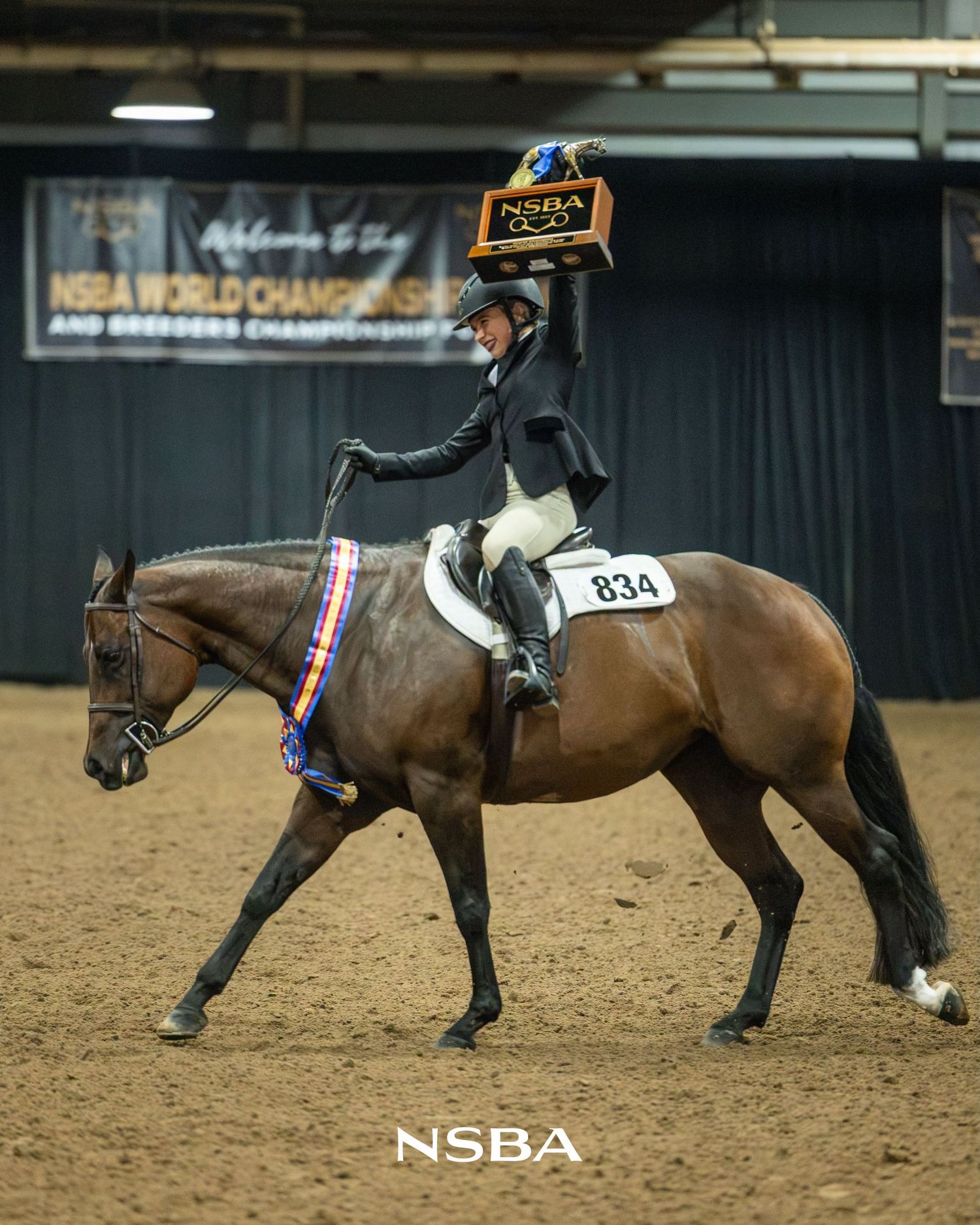 Equestrian rider on chestnut horse holds trophy aloft at NSBA World Championship competition in indoor arena.