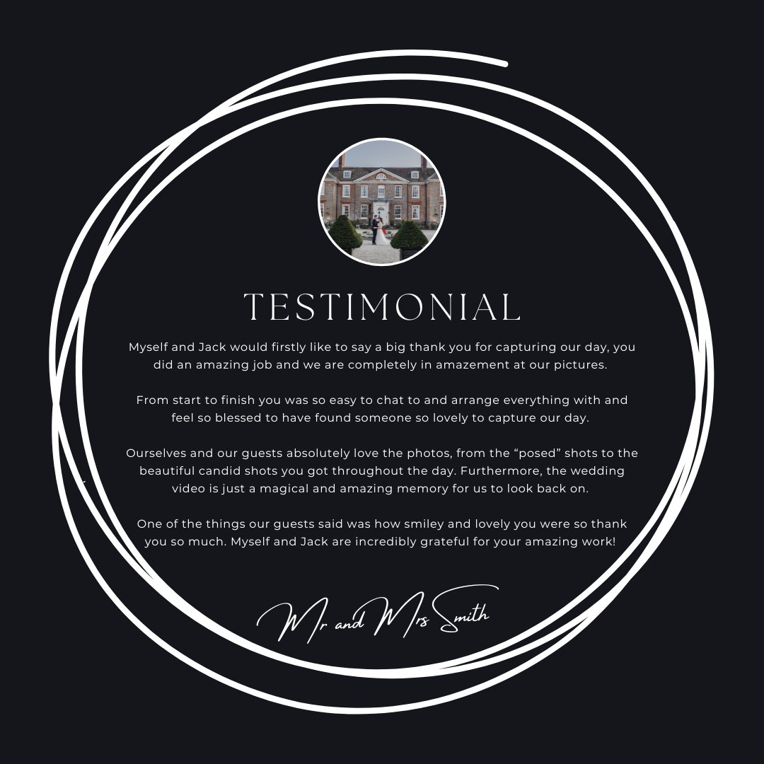 Elegant wedding testimonial card with couple's glowing review of their photographer, featuring a venue photo.