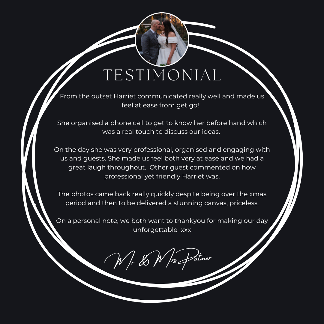 Dark circular testimonial praising Harriet's professional, friendly wedding photography and stunning canvas delivery.