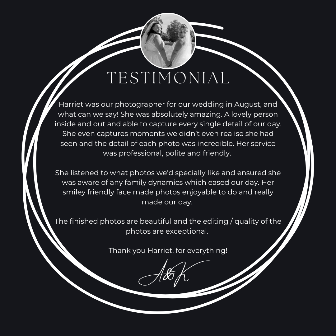 Dark themed wedding photography testimonial card with cursive signature praising Harriet's professional and friendly service.