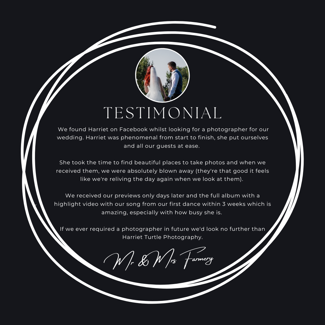 Elegant dark testimonial from Mr and Mrs Fenney praising Harriet Turtle Photography's stunning wedding photo results.