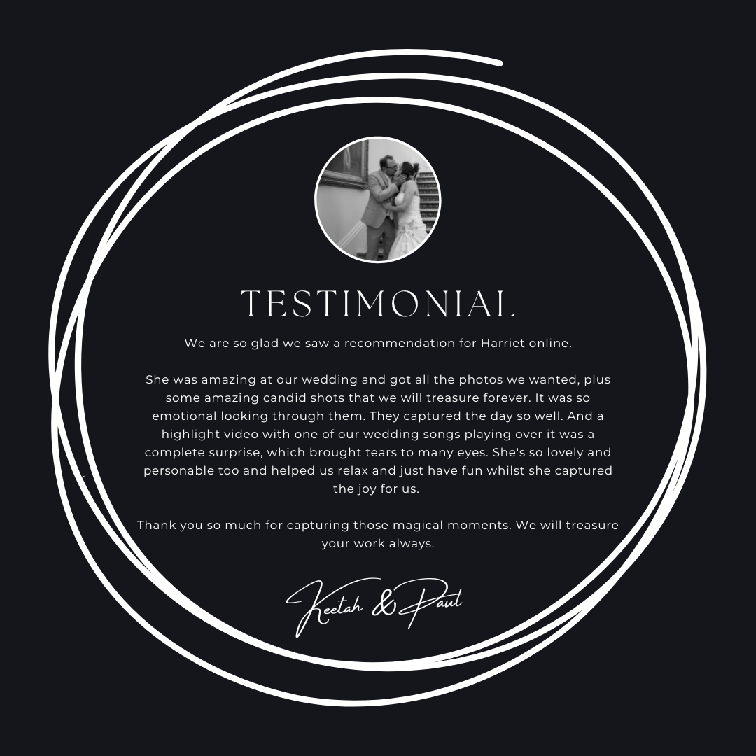Elegant dark wedding photography testimonial card with circular couple portrait and heartfelt review signed by Kaitah and Paul.