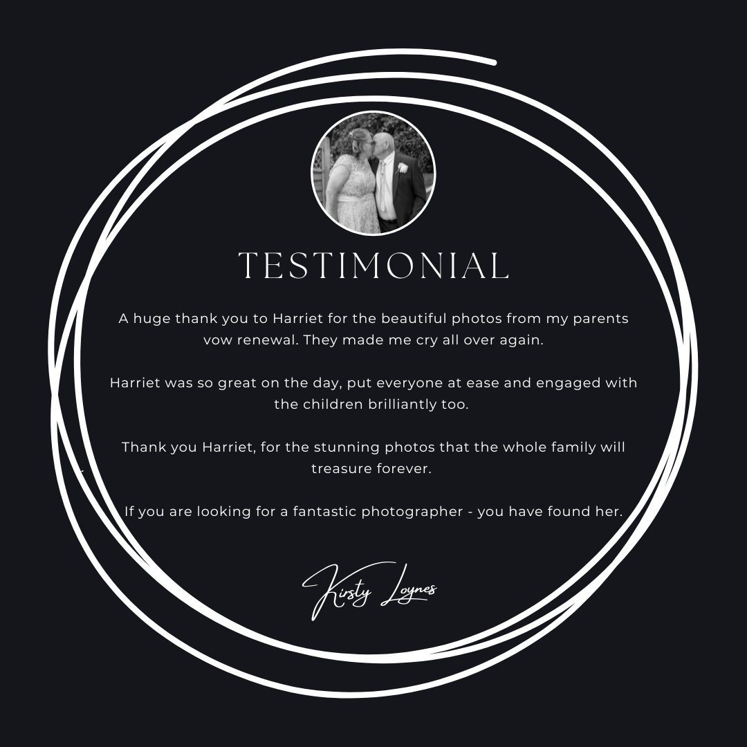 Dark elegant testimonial card praising Harriet's photography at a vow renewal, highlighting her skill with children.