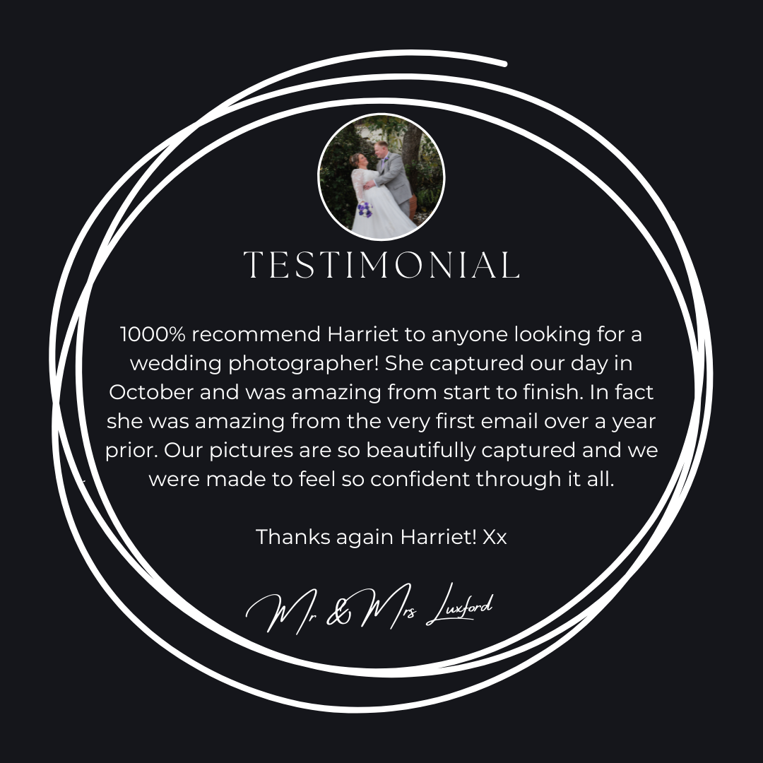 Dark wedding testimonial card from Mr and Mrs Luxford recommending Harriet as a 1000% recommended wedding photographer.