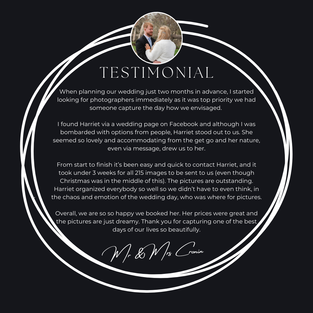 Black testimonial card with white circle frame featuring a wedding couple photo and glowing review for photographer Harriet.