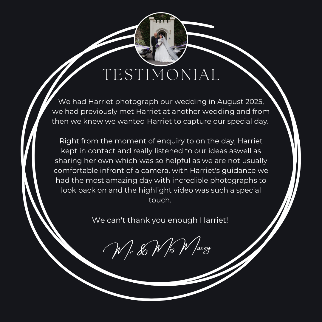 Dark circular testimonial praising Harriet's August 2025 wedding photography guidance and incredible highlight video.