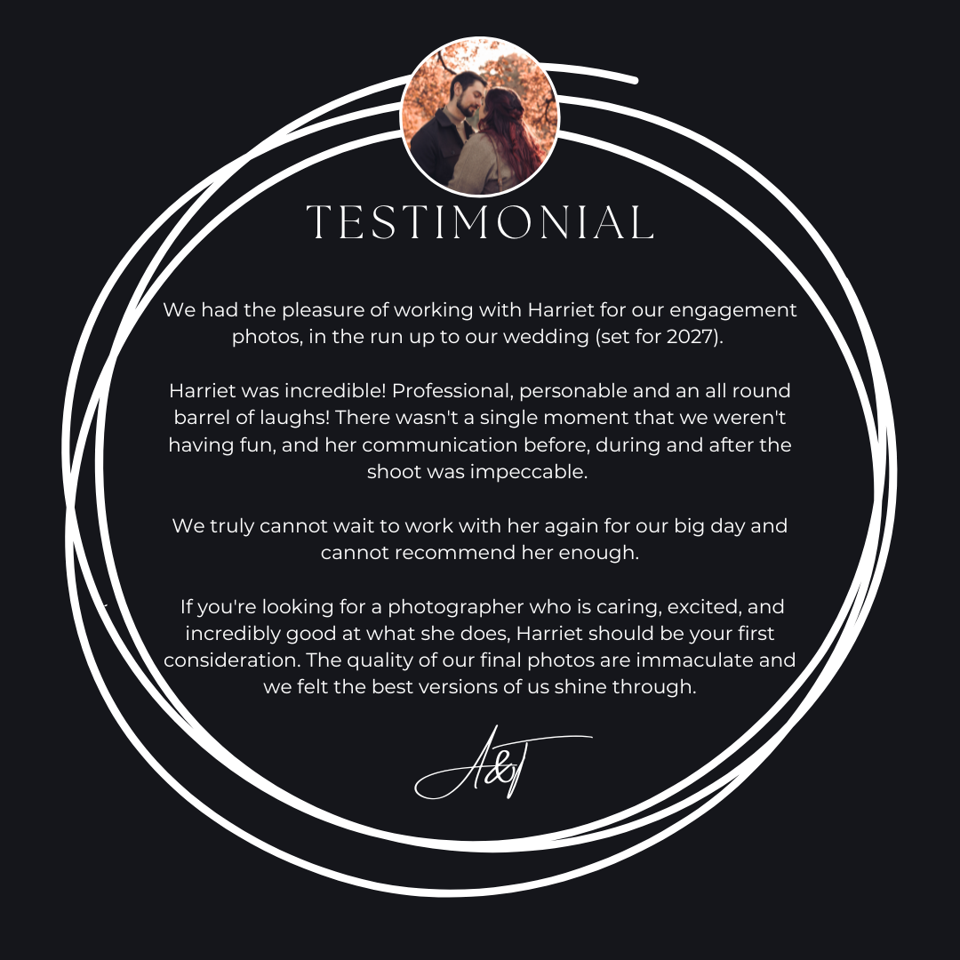 Dark circular testimonial card praising Harriet's professional engagement and wedding photography with immaculate results.