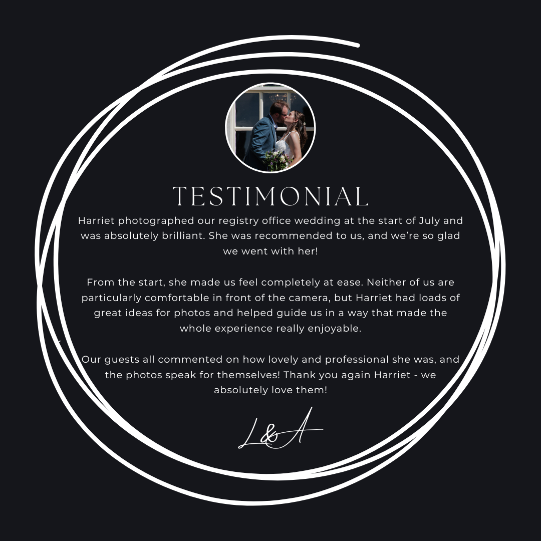 Dark wedding photography testimonial card with couple portrait in circular frame and glowing review signed by L&A.