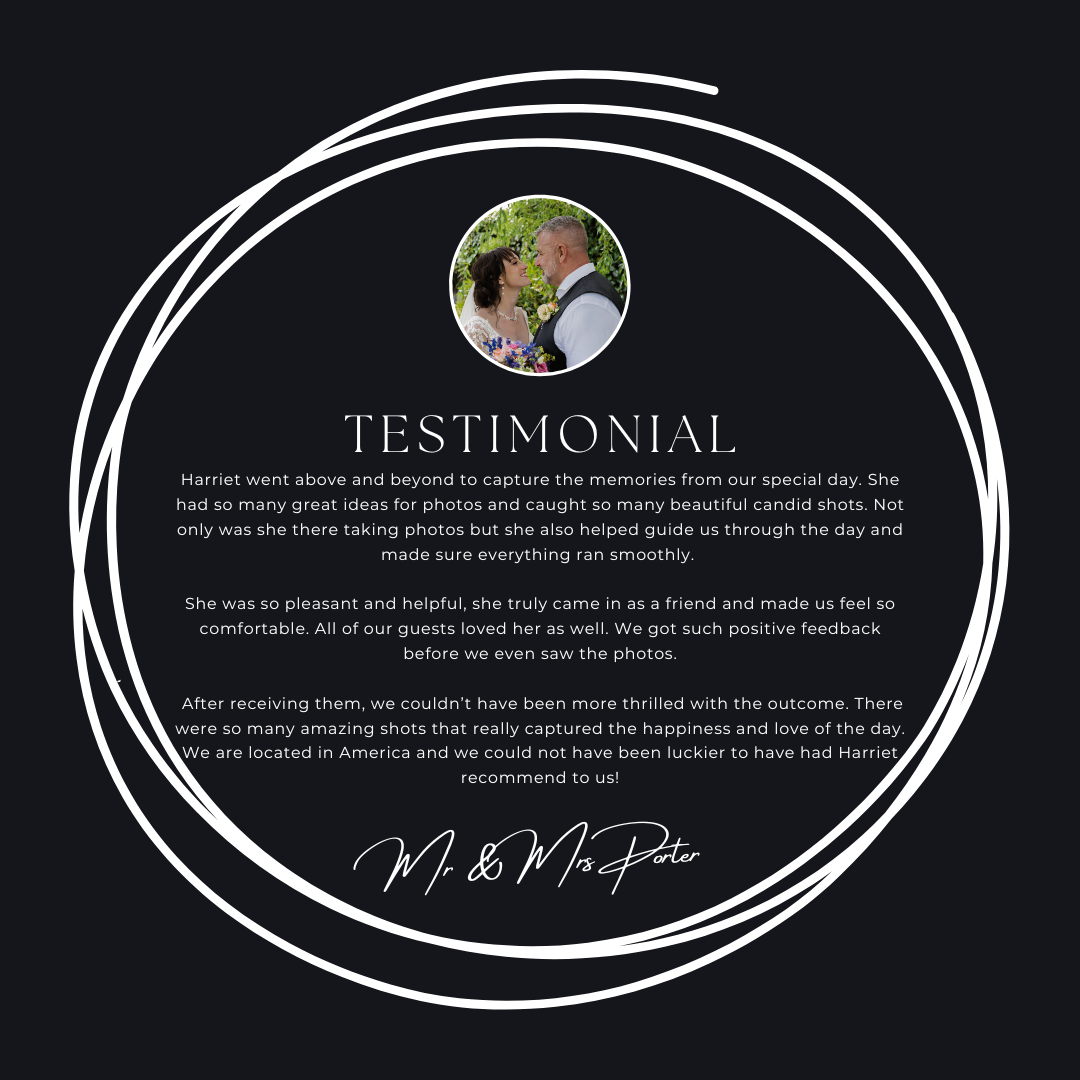 Dark elegant testimonial card with circular couple portrait and detailed wedding photography review signed by Mr. and Mrs. Peter.