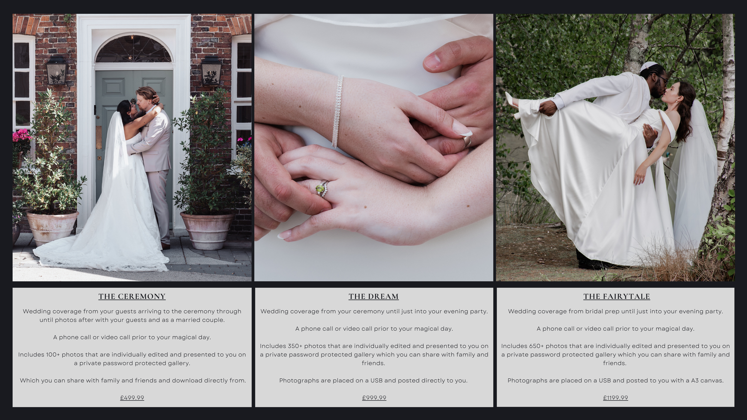 Elegant wedding triptych showing couple embracing, close-up of hands with ring, and bride twirling in gown outdoors.