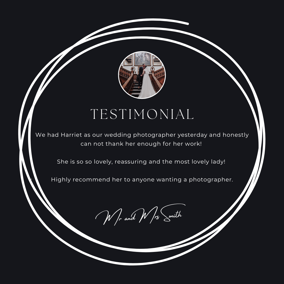 Dark wedding photography testimonial card with church staircase photo in circular frame and glowing review by Mr. and Mrs. Smith.