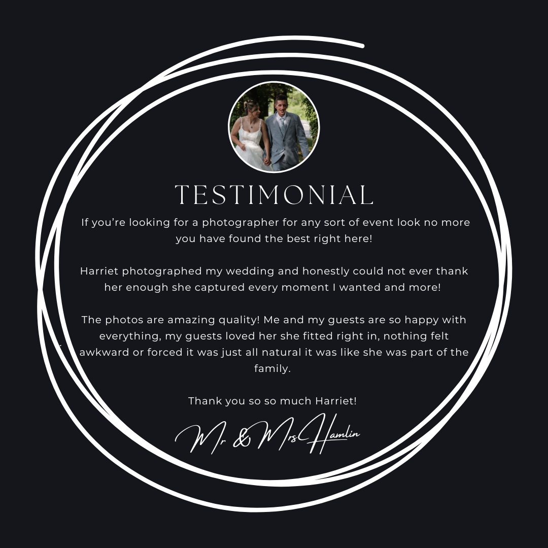 Black wedding testimonial card from Mr and Mrs Hamlin praising Harriet's natural and family-like photography approach.