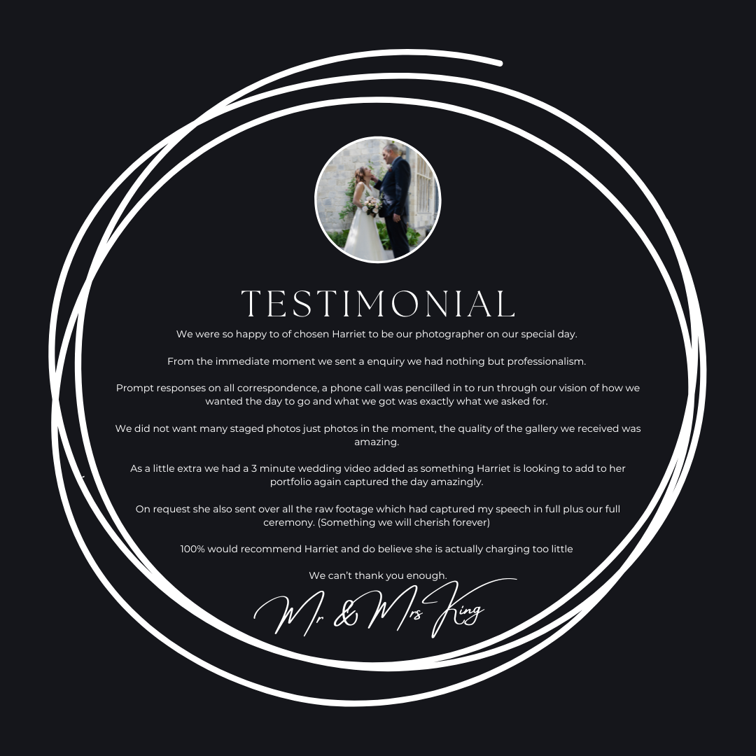 Elegant black circular testimonial card featuring wedding couple photo and detailed five-star photography review by Mr. and Mrs. King.