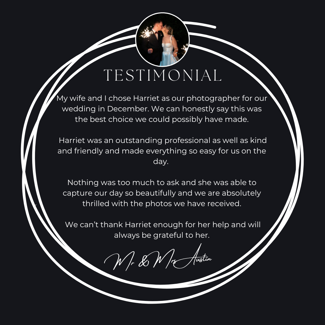 Elegant dark testimonial card with couple photo praising Harriet's outstanding December wedding photography skills.