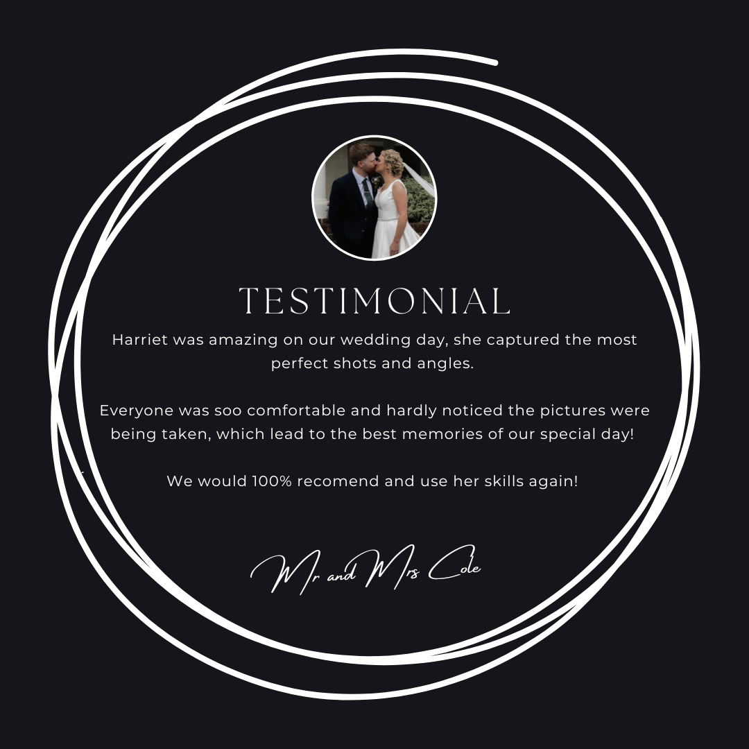 Black wedding photography testimonial card with circular bride and groom photo and glowing five-star review by Mr. and Mrs. Cole.