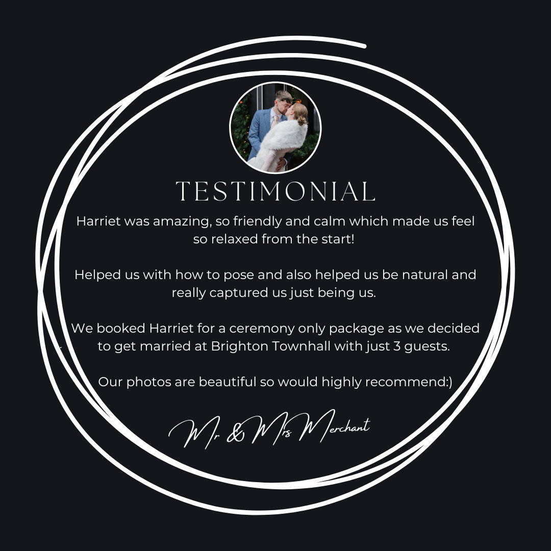 Dark circular testimonial card praising Harriet's calm wedding photography at Brighton Townhall with 3 guests.