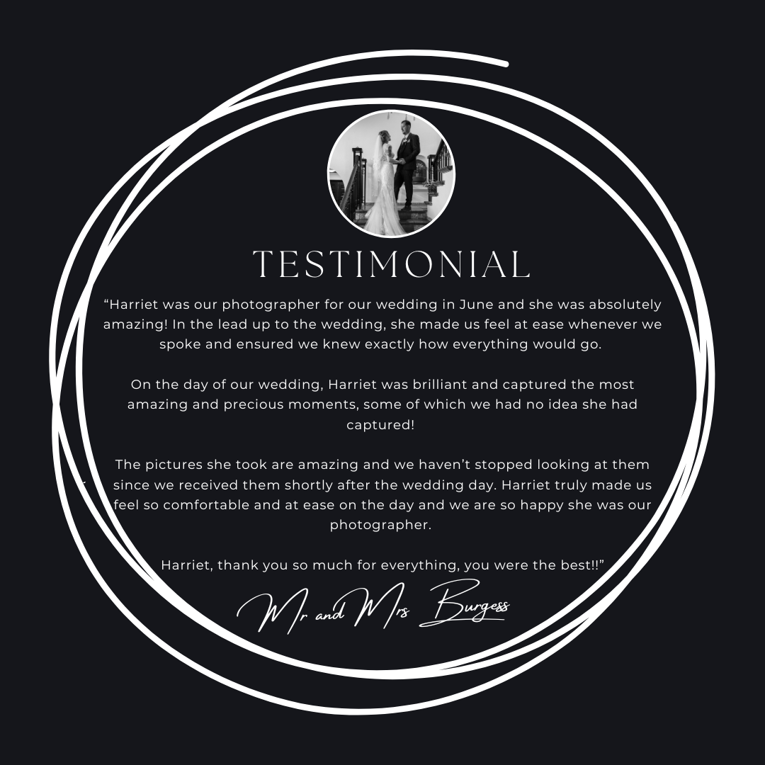 Black testimonial card with circular frame featuring wedding couple photo and glowing review signed by Mr. and Mrs. Burgess.