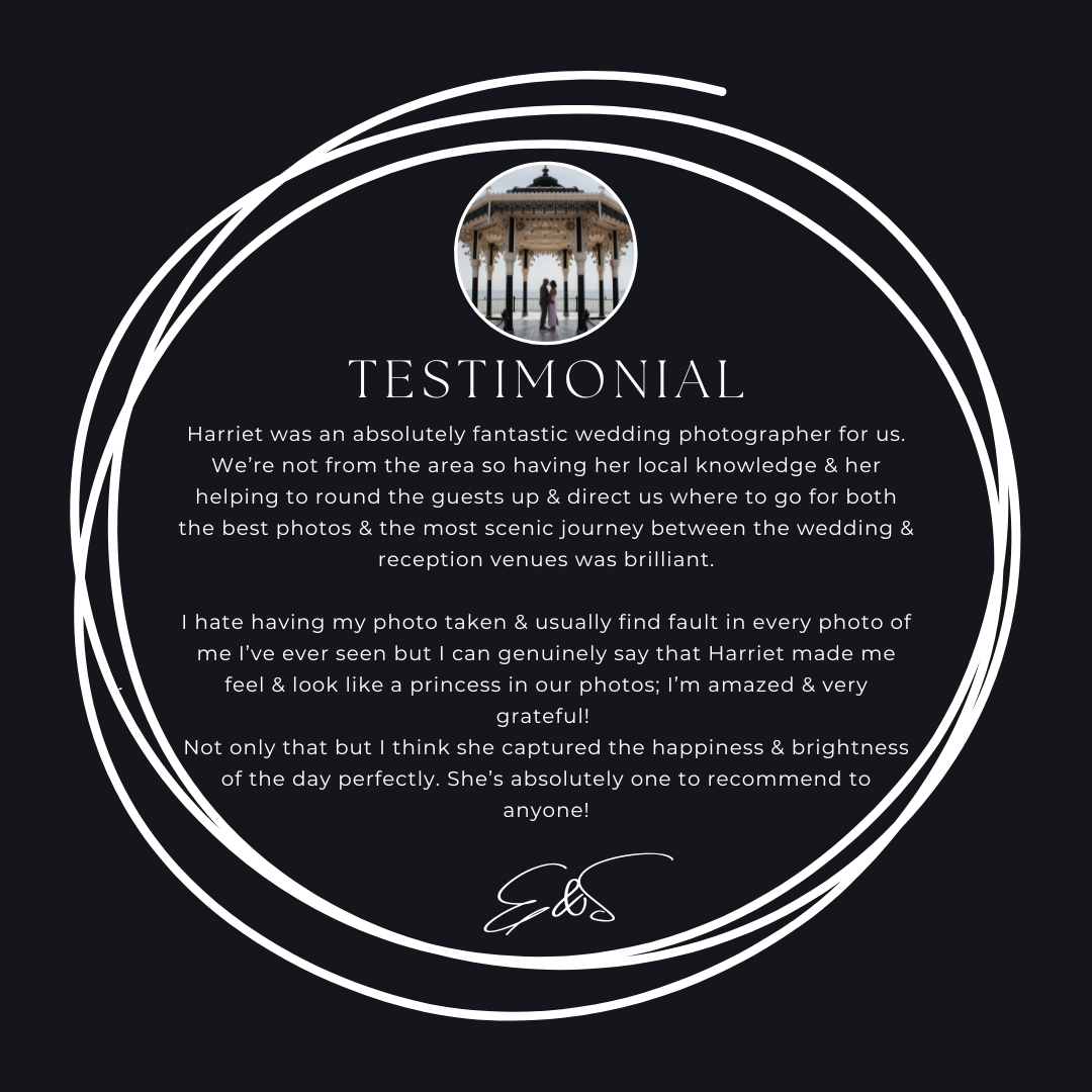 Black testimonial card with venue photo praising Harriet's local knowledge and ability to capture wedding day happiness.