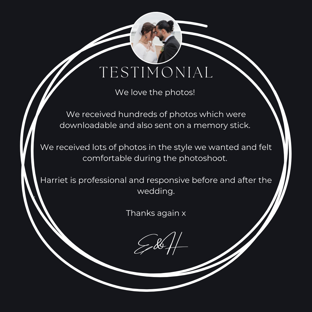 Dark circular testimonial card praising Harriet's professional responsive wedding photography and downloadable photo delivery.