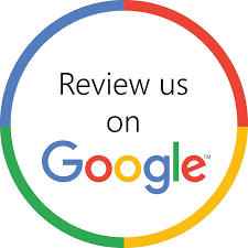 Review us on Google circular badge with multicolored border design.