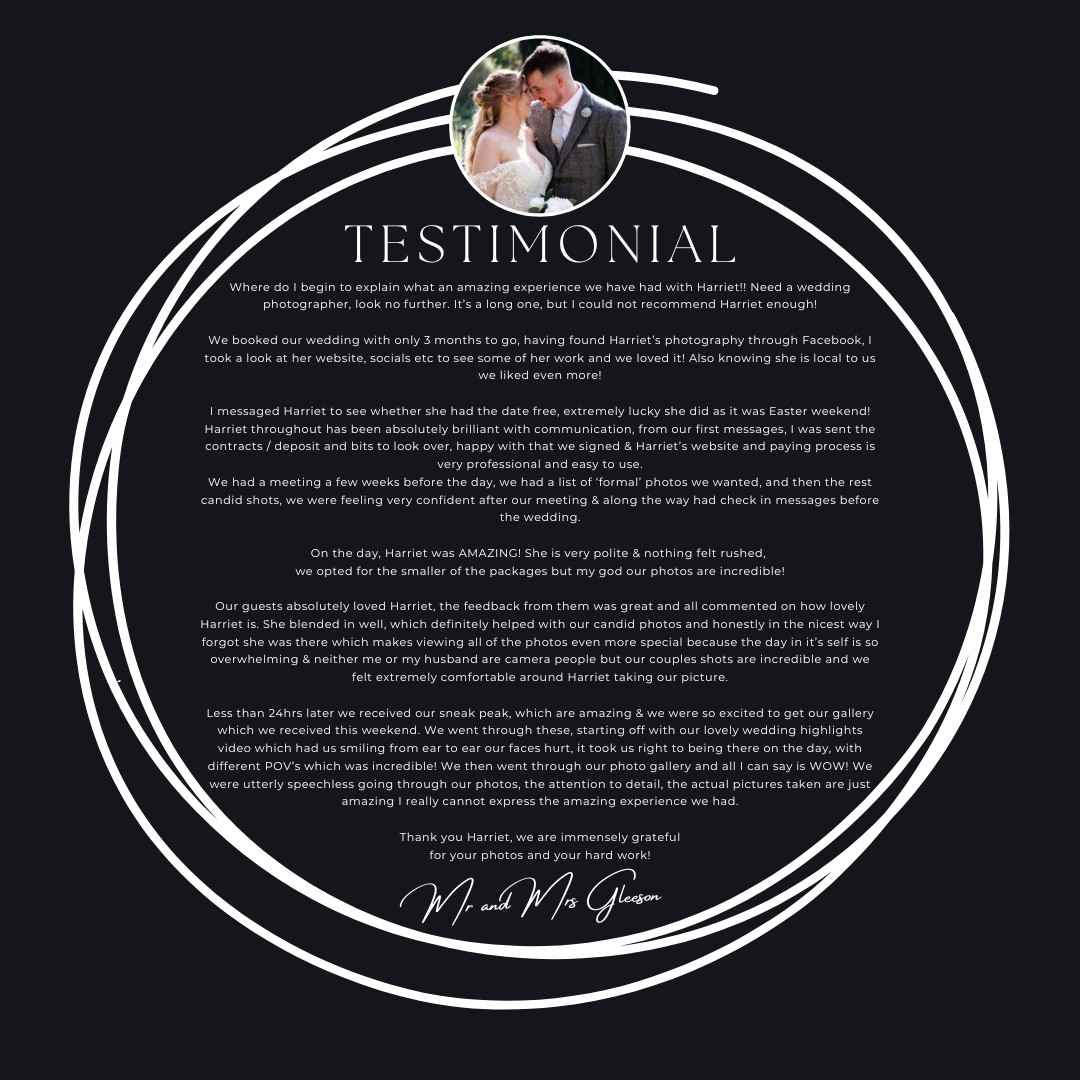 Heartfelt wedding photography testimonial on dark background with handwritten signature from grateful couple.
