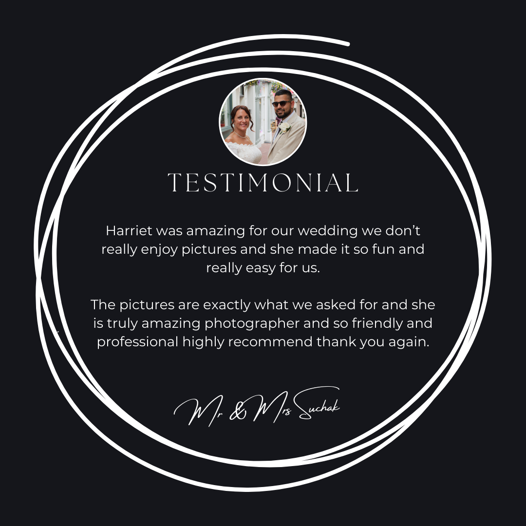 Dark circular testimonial card praising Harriet's fun and professional wedding photography skills highly.