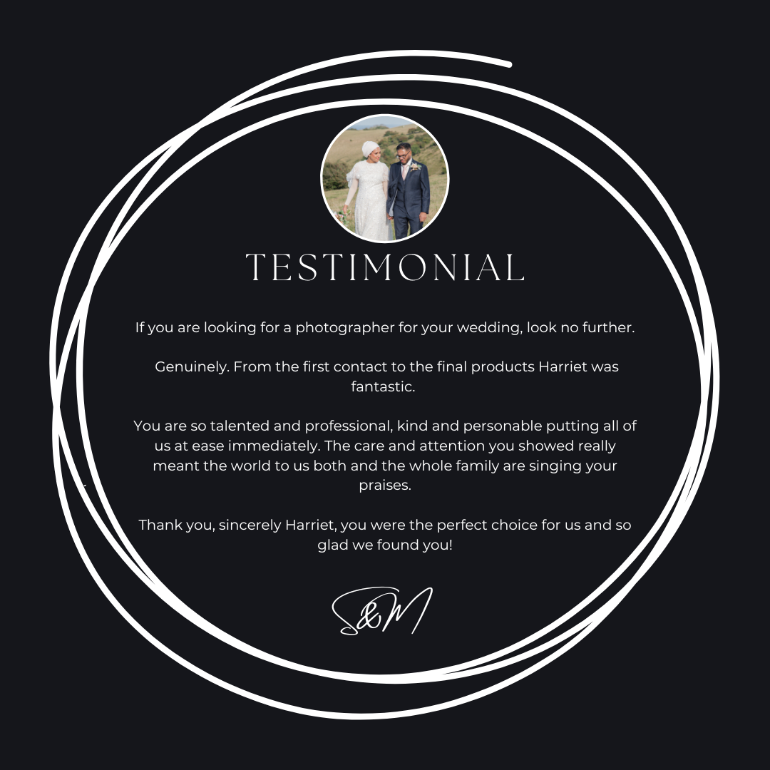 Elegant dark testimonial card praising wedding photographer Harriet with couple portrait and heartfelt five-star review.