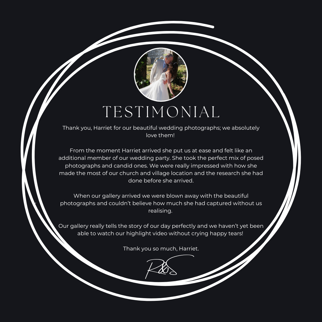 Black circular framed wedding testimonial card featuring couple photo and emotional review of Harriet's photography skills.
