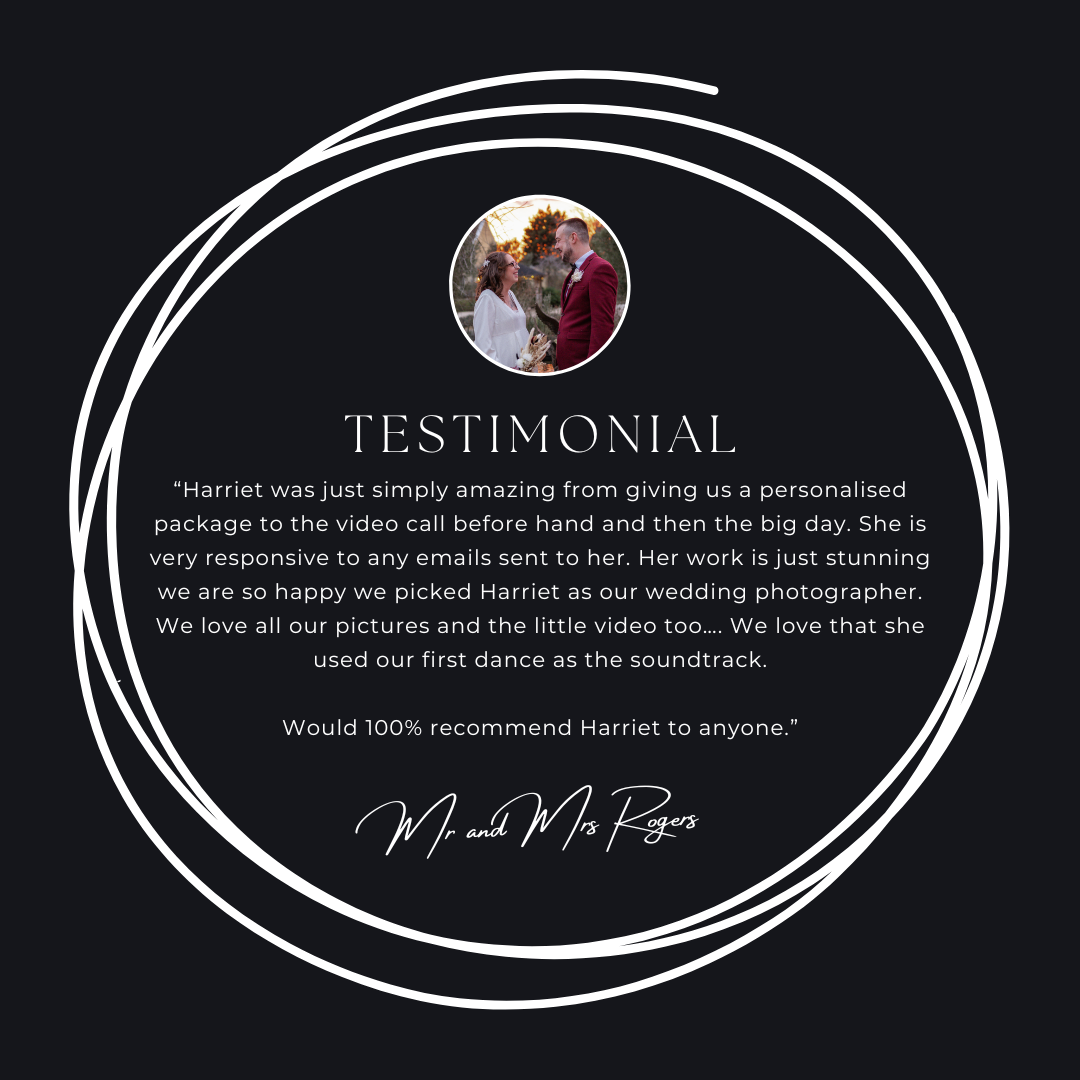 Elegant black testimonial card with bride photo in circle frame showing five-star wedding photography review by Mr. and Mrs. Rogers.