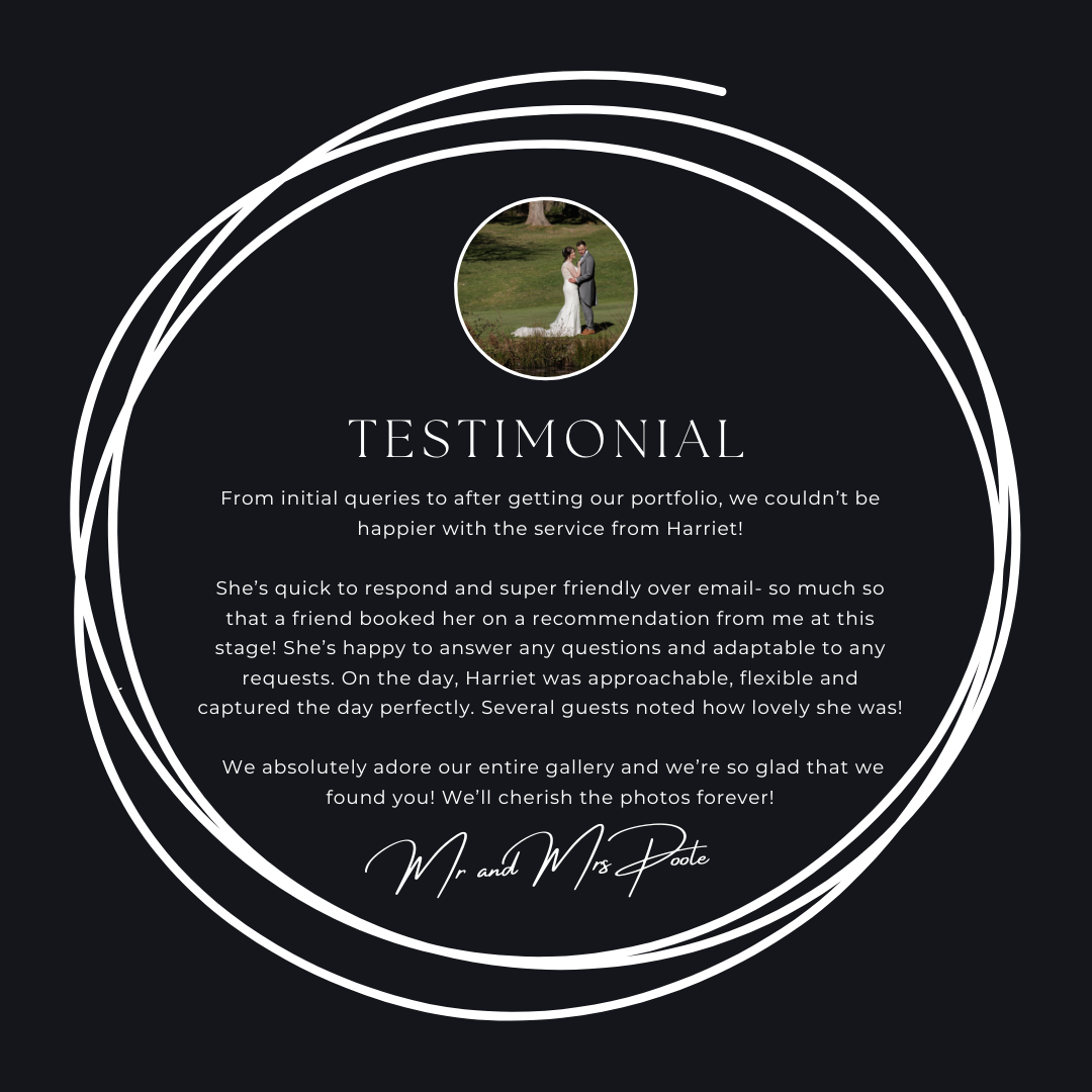 Black circular framed wedding testimonial card with outdoor couple portrait and five-star photography review by Mr. and Mrs. Potts.