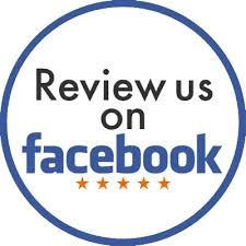 Review us on Facebook badge with five gold stars and blue circle border.