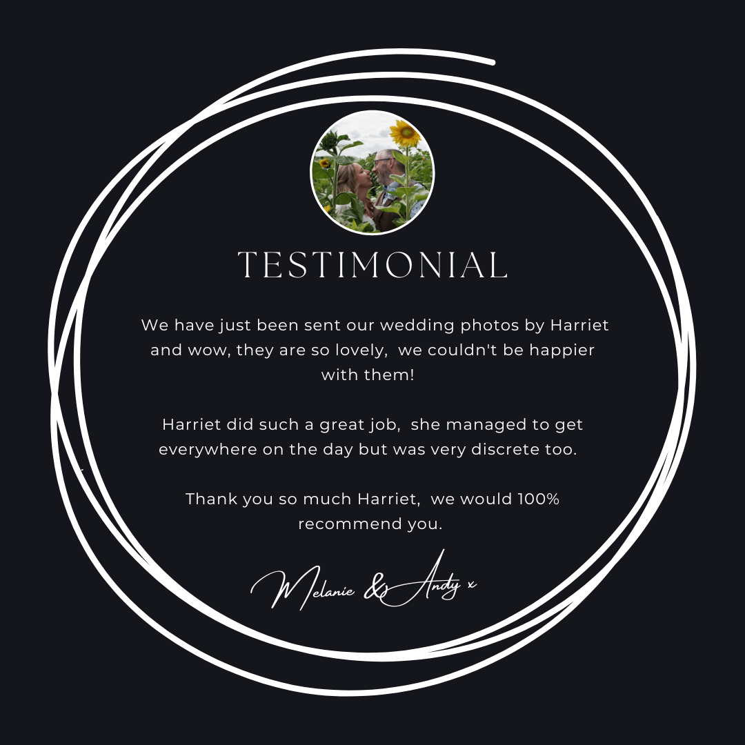 Dark circular framed wedding testimonial from Melanie and Andy praising Harriet's discreet and professional photography.
