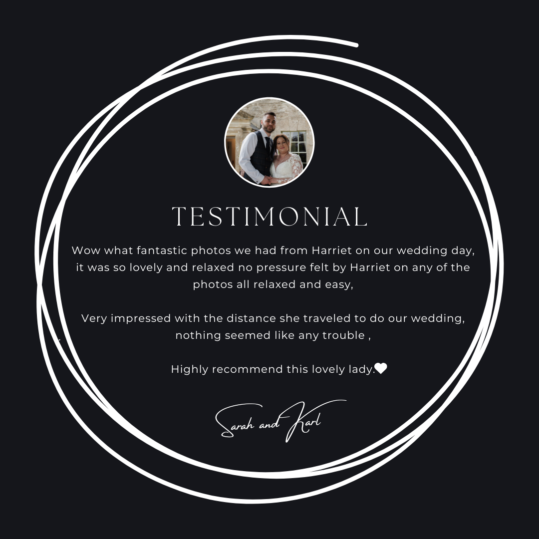 Black circular framed wedding testimonial card featuring couple photo and five-star review signed by Sarah and Joel.