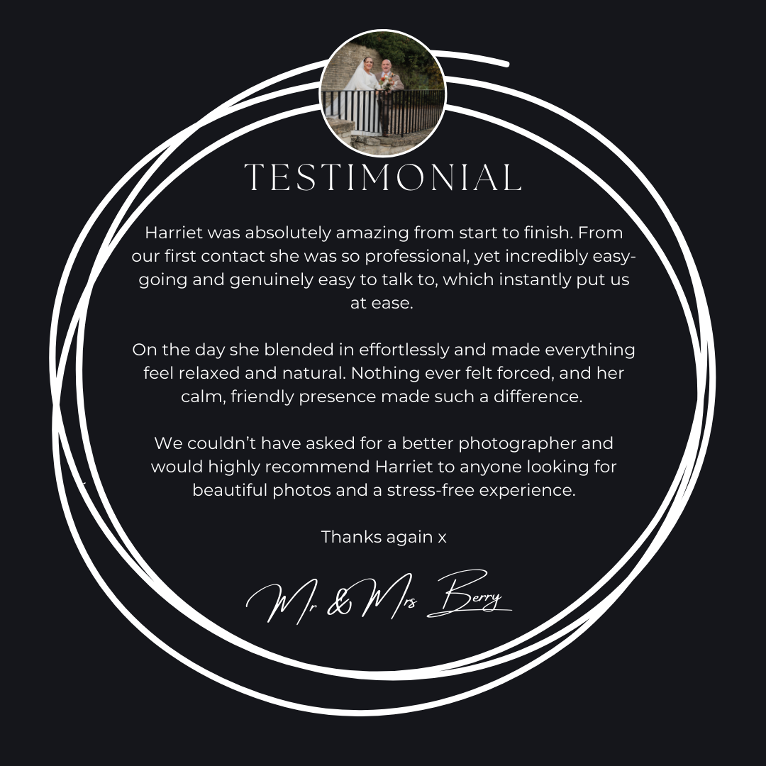 Dark circular testimonial card praising Harriet's relaxed, natural wedding photography approach and friendly presence.